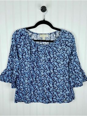 Michael Kors Blue Paisley Floral Bell Sleeve Blouse Top Medium